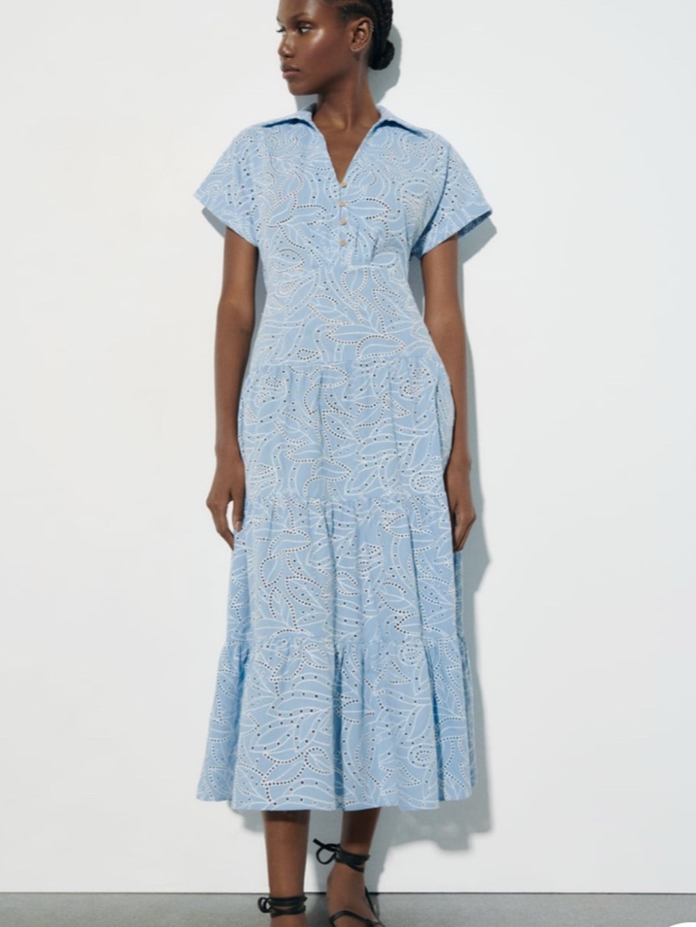 Zara Sky Blue Embroidered Eyelet Shirt Dress